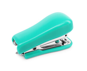 One new turquoise stapler isolated on white