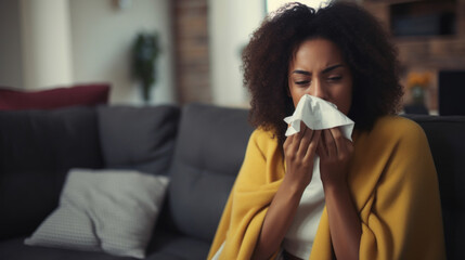 Young woman with a cold, sneezing into a tissue while sitting on a couch.