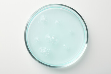 Petri dish with light blue liquid sample on white background, top view