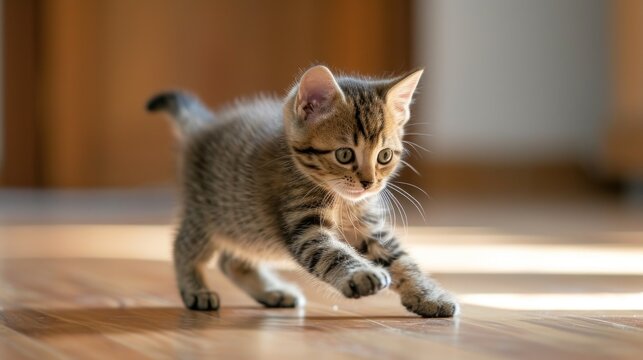  a kitten walking across a wooden floor with it's front paws on the floor and it's front paws on the floor with it's front paws.