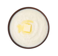 Delicious semolina pudding with butter in bowl isolated on white, top view