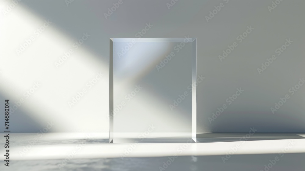 Poster an empty white room with a square shaped object in the middle of the room and a bright light coming 