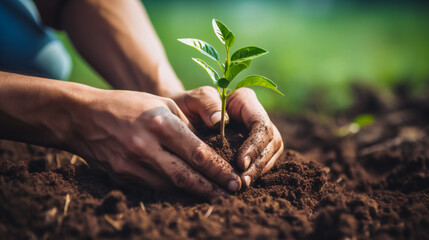 Hands of young man planting a tree in fertile soil with blur background