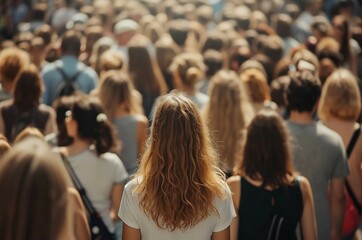 Young girl standing out from the crowd on a city street, Back view. 
