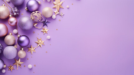 Fototapeta na wymiar Festive Christmas and New Year Flat Lay Composition with Sparkling Decorative Elements, Toys, and Purple Tones on a Lilac Background. Seasonal Joy and Copy Space for Promotional Content.