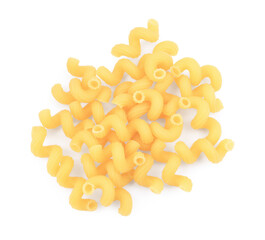 Pile of raw cavatappi pasta isolated on white, top view