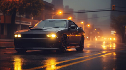 Fototapeta na wymiar A sleek muscle car stands out on a rain-slicked street, illuminated by city lights at dusk.