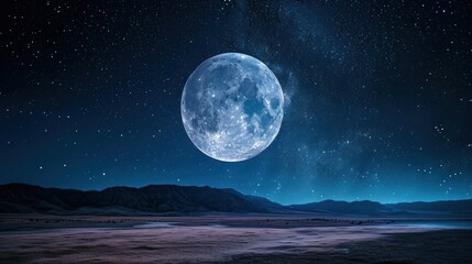 Naklejka na ściany i meble a full moon in the night sky with a mountain range in the foreground and a body of water in the foreground with a mountain range in the background.