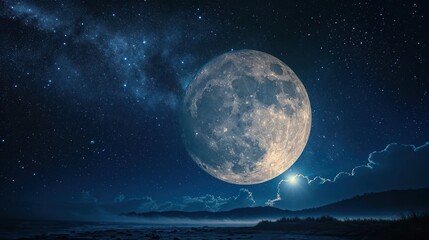  a full moon in the night sky with a mountain in the foreground and a dark blue sky filled with stars and clouds, with a distant mountain range in the foreground.