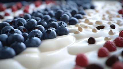 A delectable close-up of yogurt with blueberries, raspberries, and scattered chocolate chips.