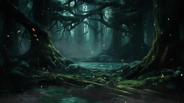 dark forest panorama fantasy landscape fantasy background. seamless looping overlay 4k virtual video animation background 
