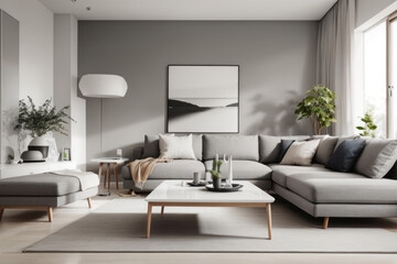 scandinavian interior home design of modern living room with gray sofa and green ornamental plants near the window