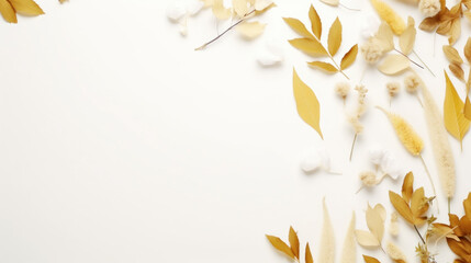 Flat lay composition with autumn leaves, dried flowers, and fluffy cotton on a white background.