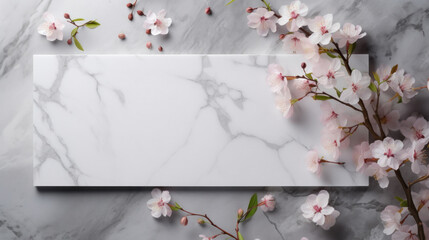 Elegant cherry blossom branches overhanging a clean marble background, perfect for sophisticated designs.