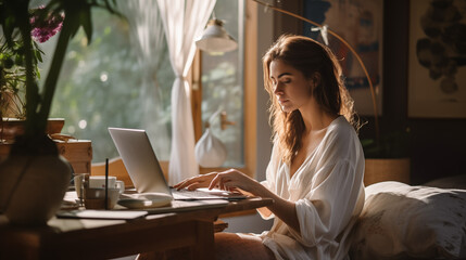 a young woman working from home, immersed in the virtual world, laptop open with an internet browser, a focused expression as she surfs the internet - obrazy, fototapety, plakaty