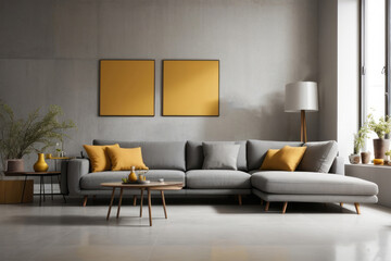 Scandinavian Interior home design of modern living room with gray sofa and yellow pillows on the gray concrete wall near the window