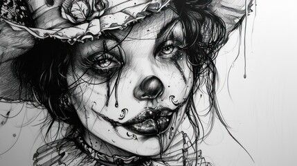  a black and white drawing of a woman wearing a hat with a rose on her forehead and a flower in her hair, with a flower in her hair, on a white background. - obrazy, fototapety, plakaty