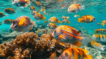 A schools of tropical fish swimming in unison, captured from above, their vibrant colors creating a mesmerizing tapestry against the crystal-clear waters of a coral reef.