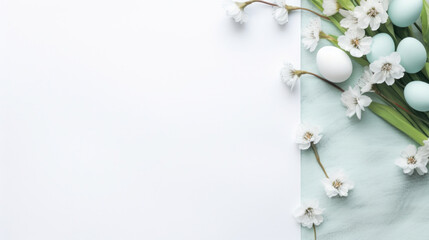 A fresh spring concept with a border of white flowers and pastel-colored eggs on a light background.