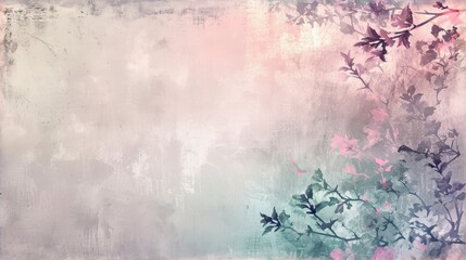  a painting of a tree branch with pink flowers on a pastel background with a grunge effect to the bottom of the picture and bottom half of the frame.