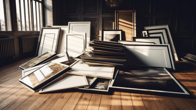 A collection of empty picture frames of various sizes stacked against a wooden floor in a room with vintage decor.