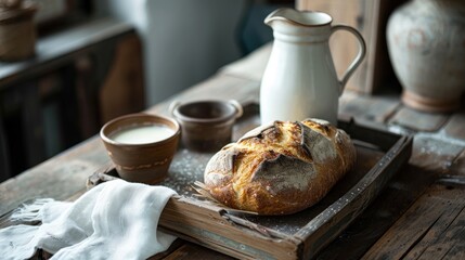  a loaf of bread sitting on top of a wooden table next to a pitcher of milk and a cup of coffee on top of a wooden tray with a cloth.
