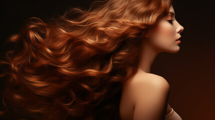 beautiful woman in profile with long and shiny wavy hair style