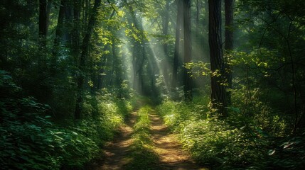 Fototapeta na wymiar Enchanting Forest Path- A Mystical Wallpaper Background for Nature Lovers