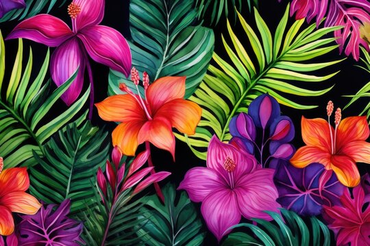 Tropical flowers pattern with leaves