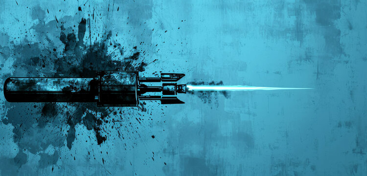 A grunge-style missile with a powerful blue propulsion trail.
