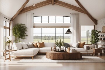 Fototapeta premium farmhouse interior home design of modern living room with white sofa and furniture with large window