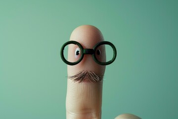 A whimsical finger with a mustache and glasses on a pastel green backdrop. Generative AI.