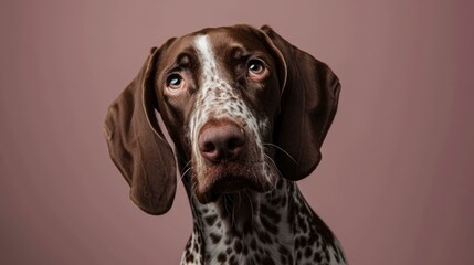 A German Shorthaired Pointer dog with a tilted head and gentle eyes, radiating innocence against a muted rose backdrop. Generative AI.