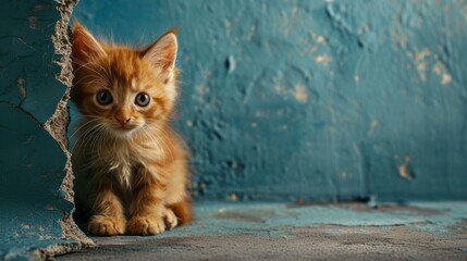 A small orange kitten sitting on the floor in front of a blue wall. Generative AI.