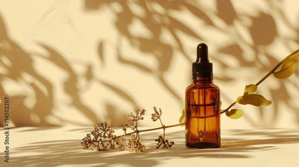 Poster a close up of a bottle of essential oils next to a plant with a shadow cast on the wall behind it an