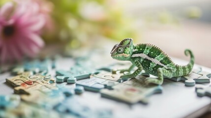 A small lizard is sitting on a piece of puzzle. Generative AI.