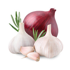 Garlic, red onion and rosemary isolated on white