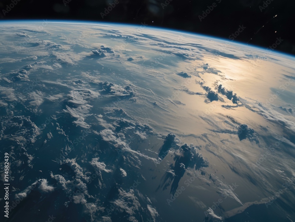 Poster the earth from space with clouds and sun. generative ai.
