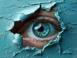 A blue eye peeking through a hole in a wall. Generative AI.