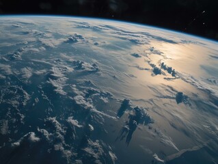 The earth from space with clouds and sun. Generative AI.