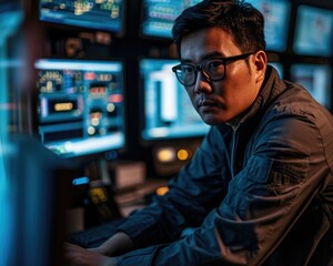 A focused Southeast Asian programmer in casual tech attire, surrounded by computer screens, engrossed in work. Generative AI.