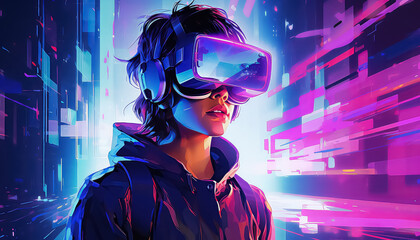 man holding virtual reality glasses surrounded by virtual data with neon ultraviolet lines.