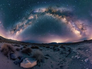A breathtaking view of the night sky, showcasing the Milky Way galaxy stretching across the desert...
