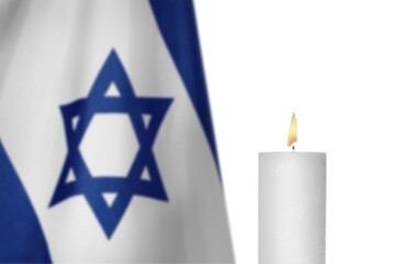 Burning candle and flag of Israel on white background