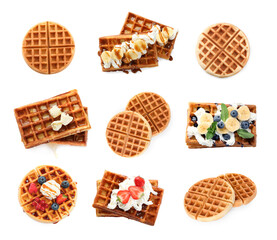 Tasty Belgian waffles isolated on white, collection