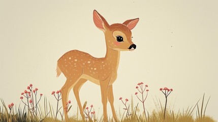  a painting of a fawn standing in a field of grass with red flowers in the foreground and a white sky in the background with a few clouds in the foreground.