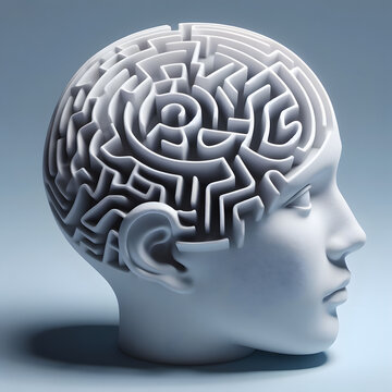 human mind creative head puzzle maze problem solving concept, marble silver white bust face sculpture, creativity thinking brain on white background center stressed solution business man entrepreneur