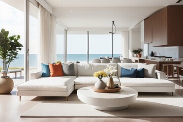 Fototapeta premium coastial interior home design of modern living room with white sofa and furniture with beach view window