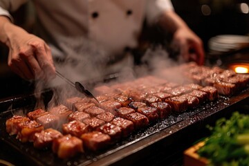 Lots of Meat steaks, the cook cooks on a stainless steel grill, with flames on a dark background. Food and kitchen concept