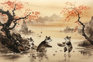 Playful twilight foxes, dancing under the fading light of the setting sun - Generative AI